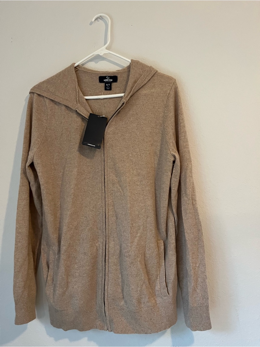 NWT Lands End 100% Cashmere Hood Zip Cardigan Sweater  6/8 Tall Oatmeal Oversize